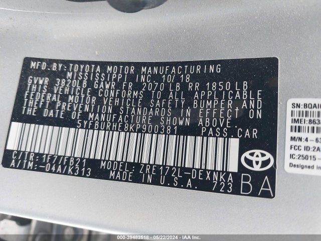 Toyota COROLLA LE 2019 5YFBURHE8KP900381 Image 9