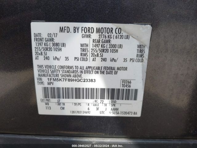 1FM5K7F89HGC23383 Ford Explorer Limited