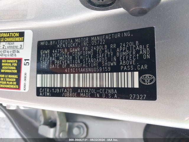 Toyota CAMRY LE 2022 4T1C11AK6NU059159 Image 9