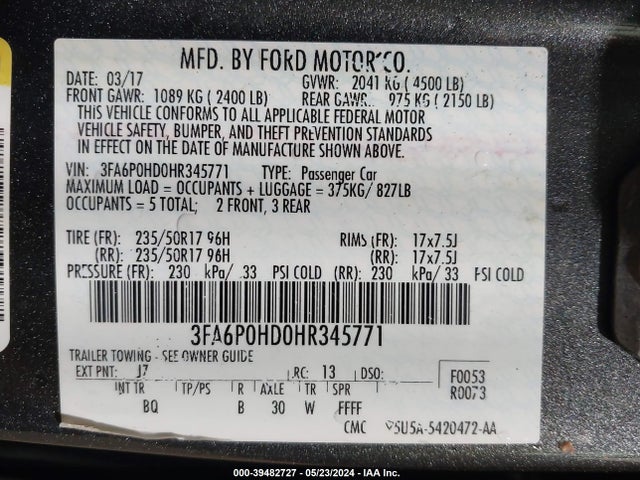 Ford FUSION SE 2017 3FA6P0HD0HR345771 Image 9