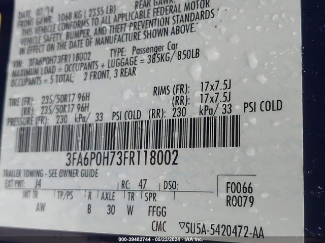 Ford FUSION SE 2015 3FA6P0H73FR118002 Image 9