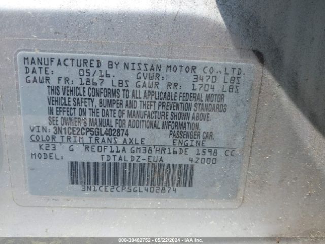 3N1CE2CP5GL402874 Nissan Versa Note S (sr)/s Plus/sl/sr/sv