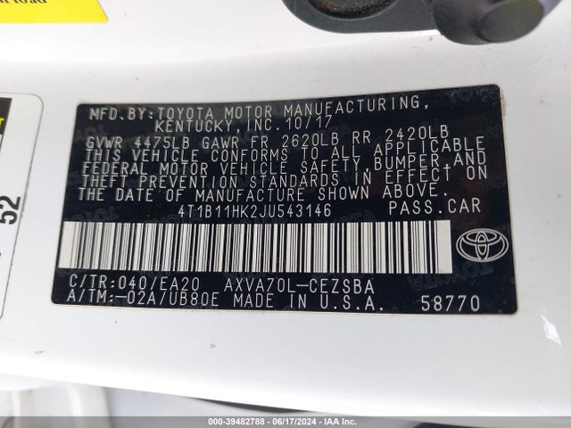 Toyota CAMRY SE 2018 4T1B11HK2JU543146 Image 9