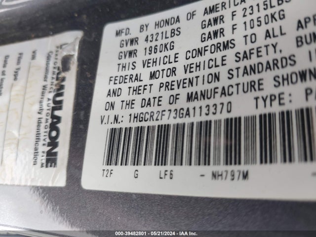 Honda ACCORD EX 2016 1HGCR2F73GA113370 Image 9