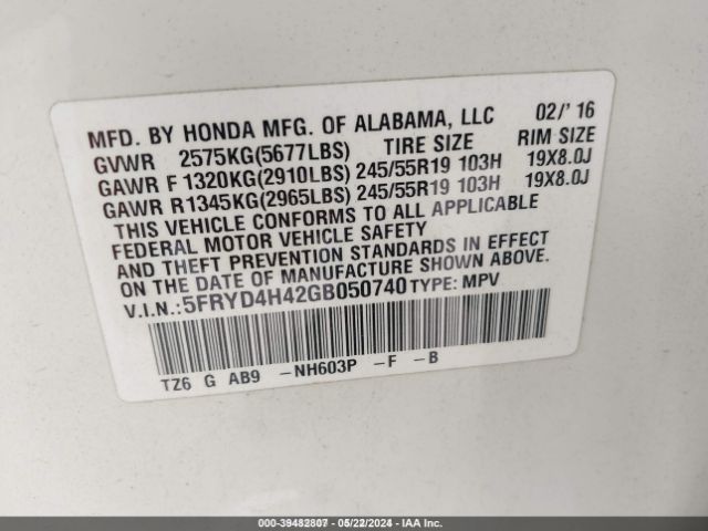 5FRYD4H42GB050740 Acura Mdx Tech/w/tech/acurawatch Plus