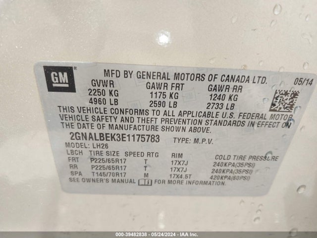 Chevrolet EQUINOX 1LT 2014 2GNALBEK3E1175783 Image 9