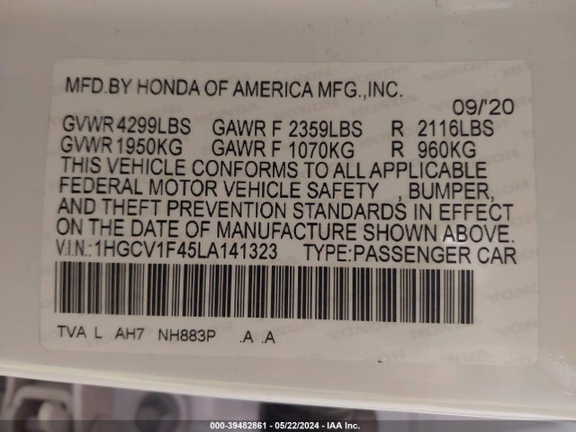 Honda ACCORD EX 2020 1HGCV1F45LA141323 Image 9