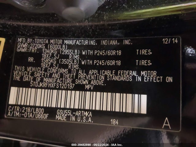Toyota Highlander Xle V6 2015 5TDJKRFHXFS120197 Image 9