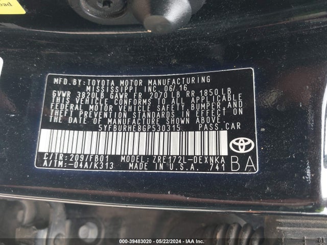 Toyota COROLLA LE 2016 5YFBURHE8GP530315 Image 9
