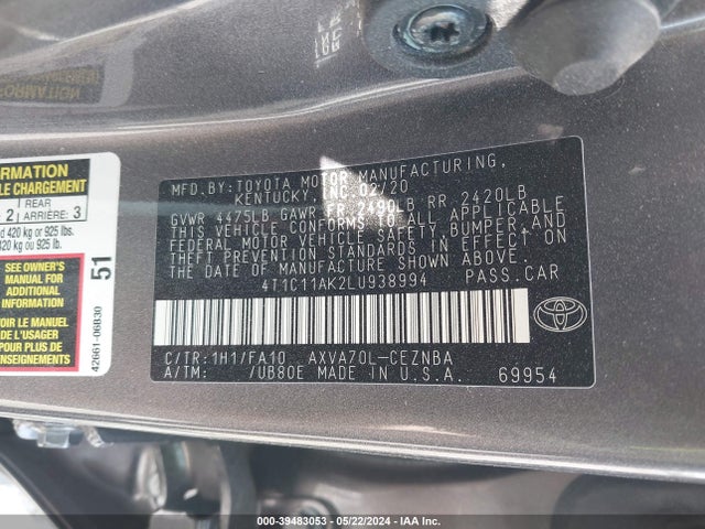 Toyota CAMRY LE 2020 4T1C11AK2LU938994 Image 9