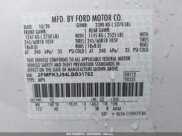 Ford EDGE SEL 2020 2FMPK3J94LBB31762 Image 9