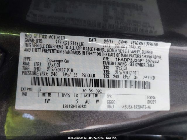 1FADP3J26FL287632 Ford Focus Titanium