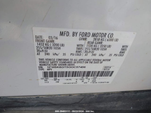 Ford EXPLORER SPORT 2016 1FM5K8GT5GGC57456 Image 9