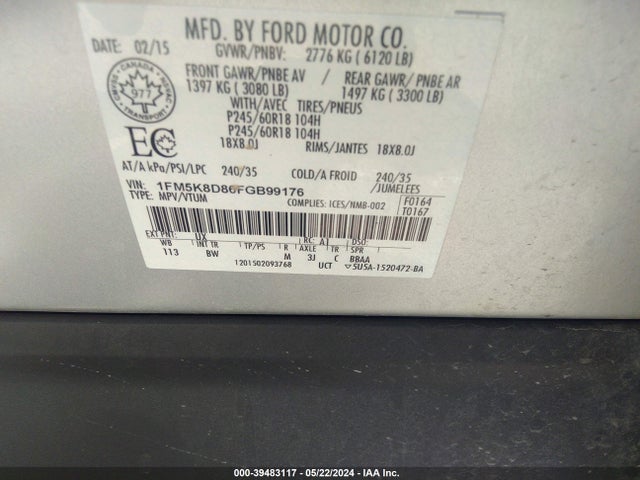 Ford EXPLORER XLT 2015 1FM5K8D86FGB99176 Image 9