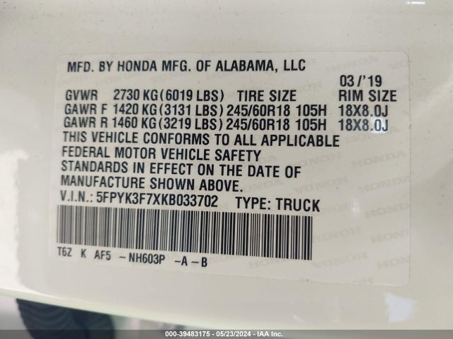 Honda Ridgeline Rtl-e 2019 5FPYK3F7XKB033702 Image 9