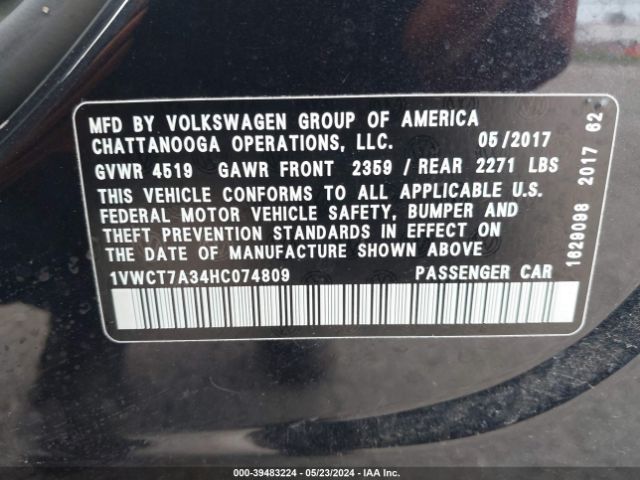1VWCT7A34HC074809 Volkswagen Passat 1.8t Sel Premium