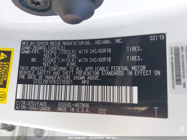 Toyota Highlander Le Plus 2019 5TDZZRFH7KS316901 Image 9
