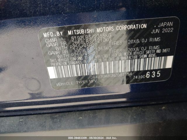 JA4J3UA80NZ081554 Mitsubishi Outlander Black Edition 2wd/se 2.5 2wd/se Launch Edition 2wd