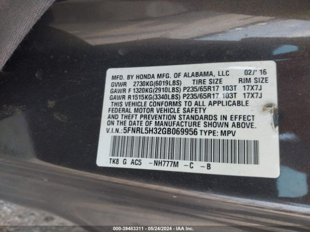 5FNRL5H32GB069956 Honda ODYSSEY SE