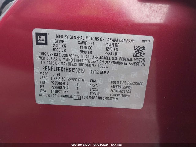 Chevrolet EQUINOX LT 2017 2GNFLFEK1H6153219 Image 9