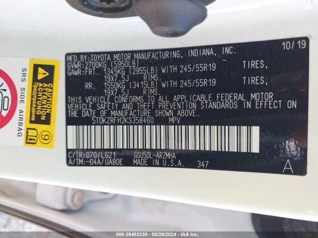 Toyota Highlander Se 2019 5TDKZRFH2KS358460 Image 9