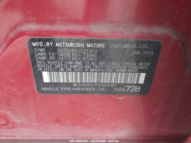 Mitsubishi Mirage De/rf 2015 ML32A3HJ7FH041436 Image 9