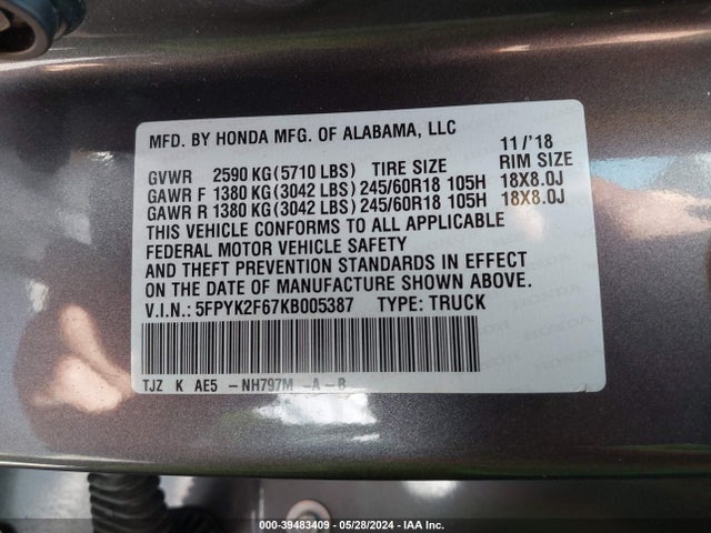 Honda Ridgeline Rtl-t 2019 5FPYK2F67KB005387 Image 9