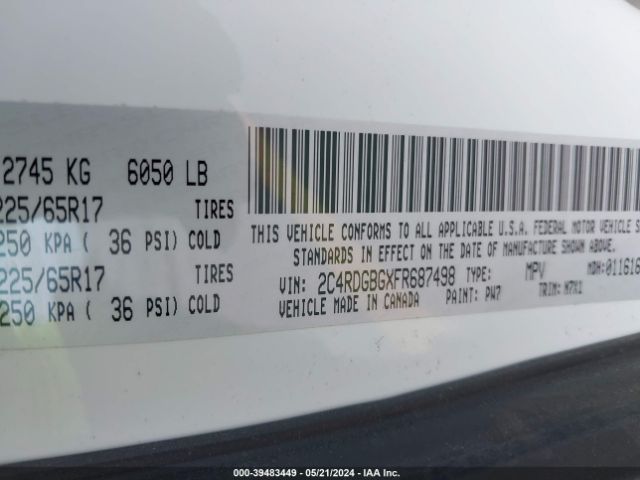 2C4RDGBGXFR687498 Dodge Grand Caravan Se Plus
