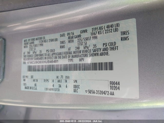Ford ESCAPE SE 2017 1FMCU9G9XHUB46481 Image 9