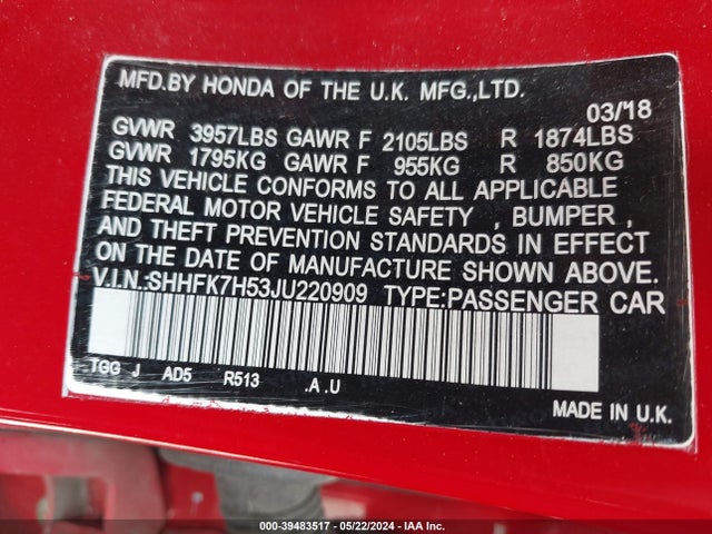 Honda CIVIC EX 2018 SHHFK7H53JU220909 Image 9