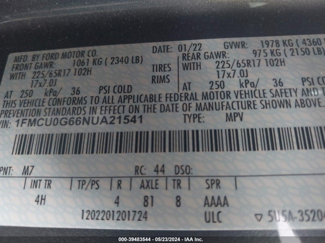 Ford ESCAPE SE 2022 1FMCU0G66NUA21541 Image 9