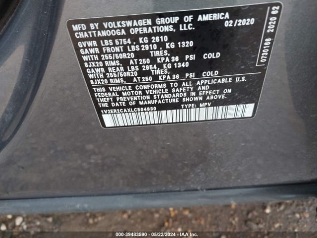 1V2ER2CAXLC504830 Volkswagen Atlas 3.6l V6 Sel