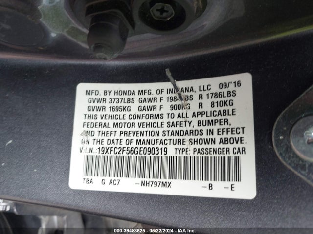 Honda Civic Lx 2016 19XFC2F56GE090319 Image 9