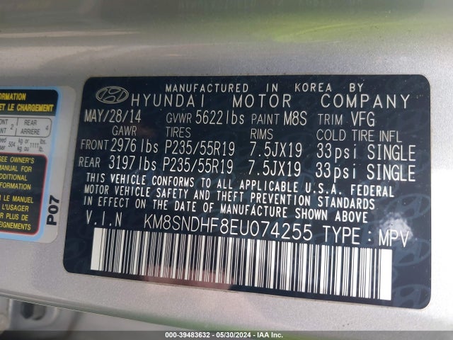 Hyundai Santa Fe Limited 2014 KM8SNDHF8EU074255 Image 9