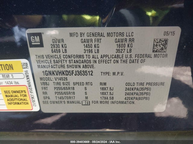Chevrolet Traverse 2lt 2015 1GNKVHKD5FJ363512 Image 9