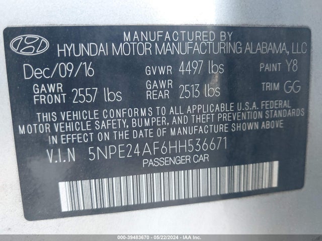 Hyundai Sonata 2017 5NPE24AF6HH536671 Image 9
