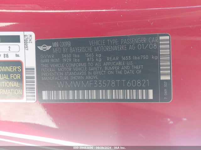2008 MINI COOPER WMWMF33578TT60821 Photo 8