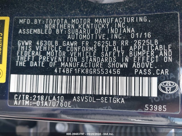 Toyota CAMRY XLE 2016 4T4BF1FK8GR553456 Image 9
