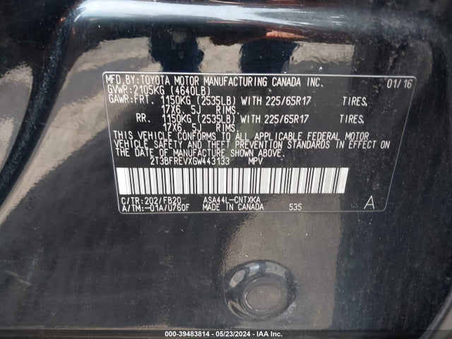2T3BFREVXGW443133 Toyota RAV4 LE