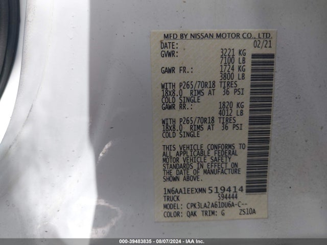 Nissan Titan S 4x2 2021 1N6AA1EEXMN519414 Image 9