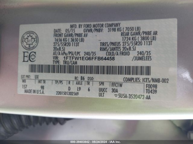 1FTFW1EG6FFB64458 Ford F-150 Platinum