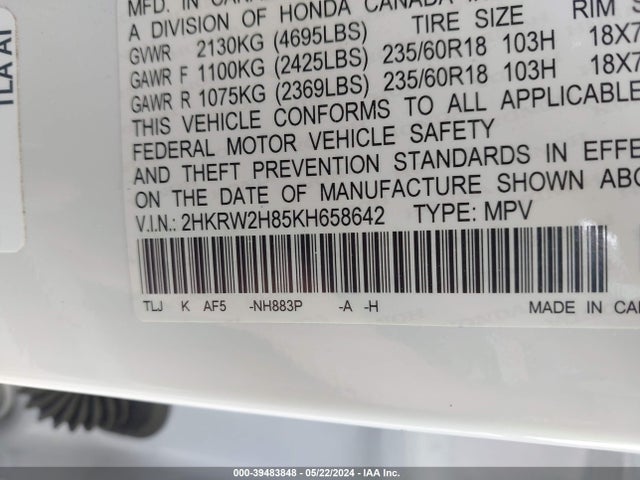 Honda Cr-v Ex-l 2019 2HKRW2H85KH658642 Image 9