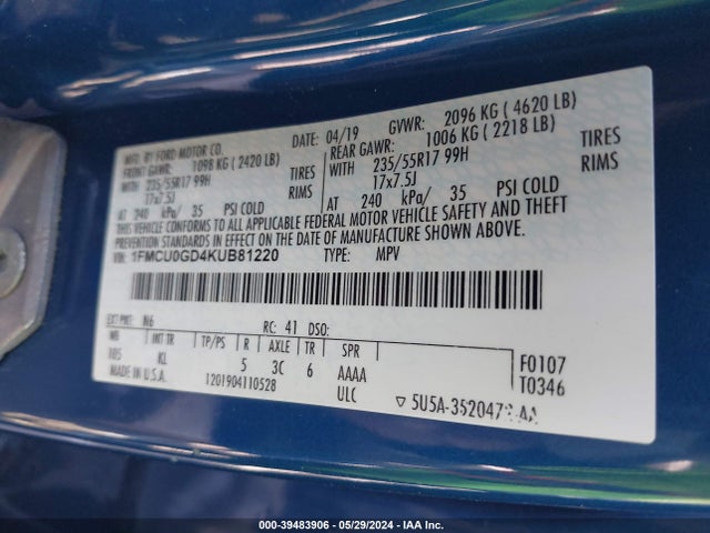 Ford ESCAPE SE 2019 1FMCU0GD4KUB81220 Image 9