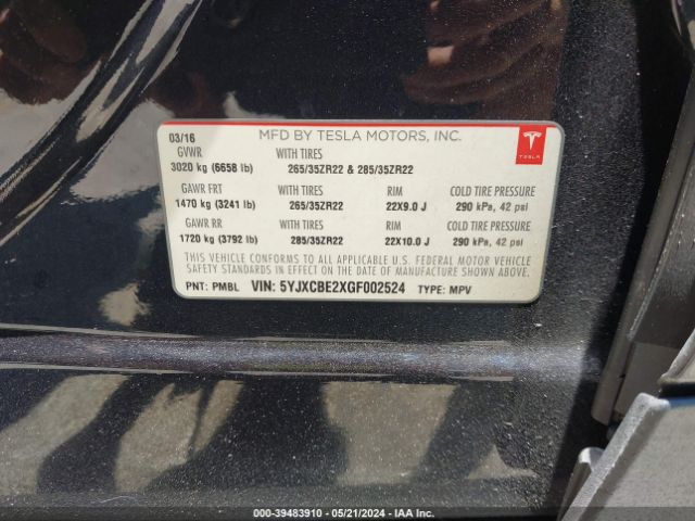 5YJXCBE2XGF002524 Tesla Model X 60d/70d/75d/90d/p100d