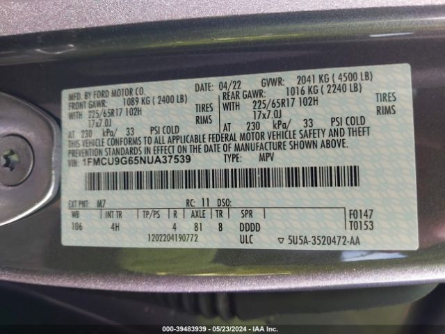 1FMCU9G65NUA37539 Ford ESCAPE SE