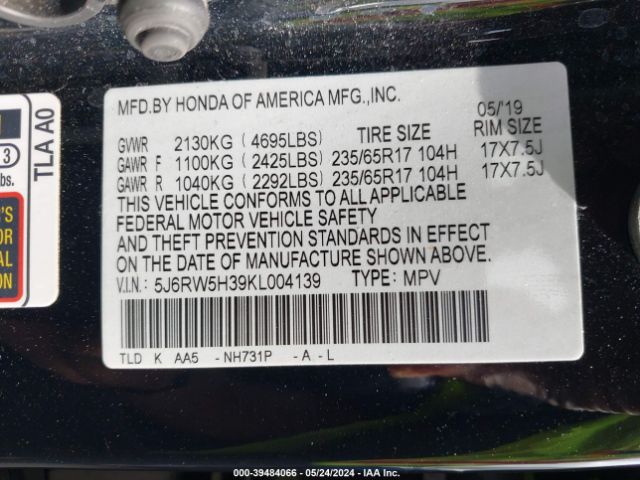 5J6RW5H39KL004139 Honda CR-V LX