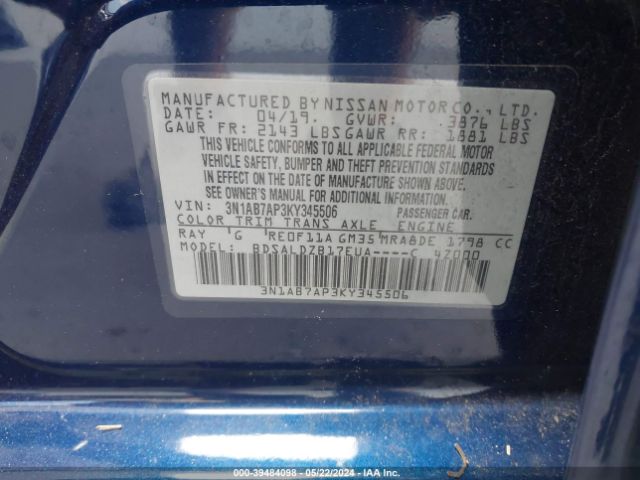 3N1AB7AP3KY345506 Nissan SENTRA SV