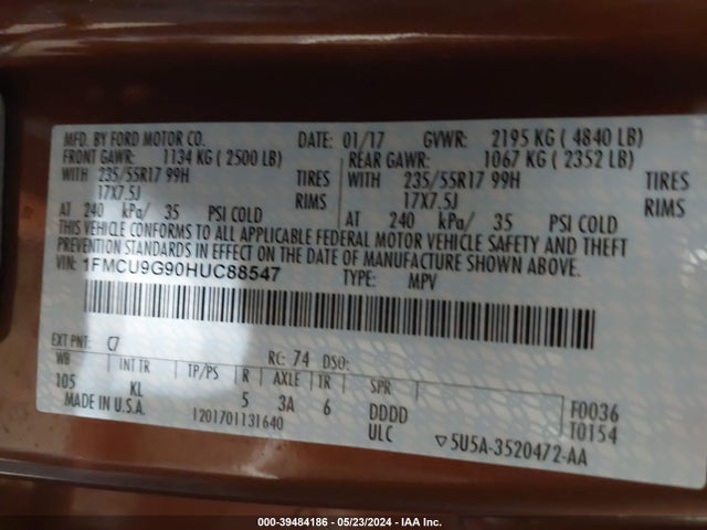 Ford ESCAPE SE 2017 1FMCU9G90HUC88547 Image 9
