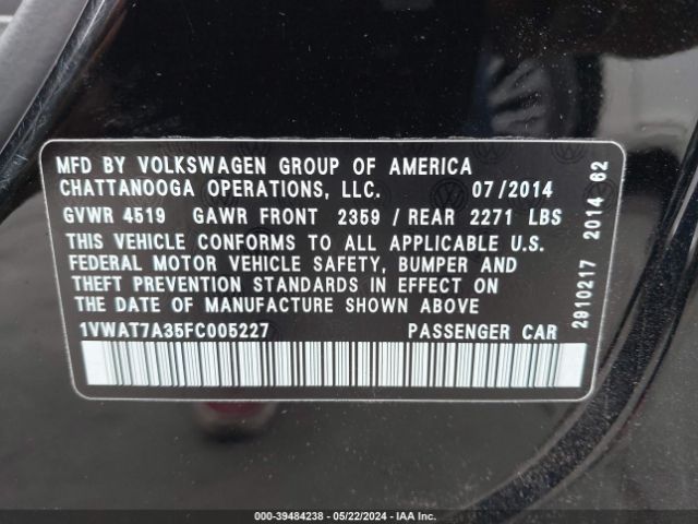 1VWAT7A35FC005227 Volkswagen Passat 1.8t Wolfsburg Edition