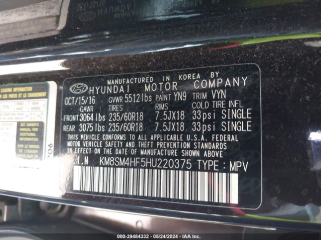 KM8SM4HF5HU220375 Hyundai Santa Fe Se